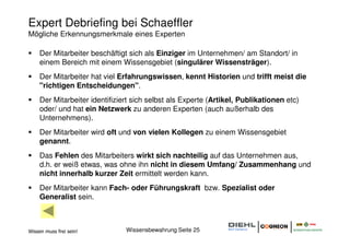 Expert Debriefing bei Schaeffler
Mögliche Erkennungsmerkmale eines Experten

     Der Mitarbeiter beschäftigt sich als Einziger im Unternehmen/ am Standort/ in
     einem Bereich mit einem Wissensgebiet (singulärer Wissensträger).
     Der Mitarbeiter hat viel Erfahrungswissen, kennt Historien und trifft meist die
     "richtigen Entscheidungen".
     Der Mitarbeiter identifiziert sich selbst als Experte (Artikel, Publikationen etc)
     oder/ und hat ein Netzwerk zu anderen Experten (auch außerhalb des
     Unternehmens).
     Der Mitarbeiter wird oft und von vielen Kollegen zu einem Wissensgebiet
     genannt.
     Das Fehlen des Mitarbeiters wirkt sich nachteilig auf das Unternehmen aus,
     d.h. er weiß etwas, was ohne ihn nicht in diesem Umfang/ Zusammenhang und
     nicht innerhalb kurzer Zeit ermittelt werden kann.
     Der Mitarbeiter kann Fach- oder Führungskraft bzw. Spezialist oder
     Generalist sein.



Wissen muss frei sein!          Wissensbewahrung Seite 25
 