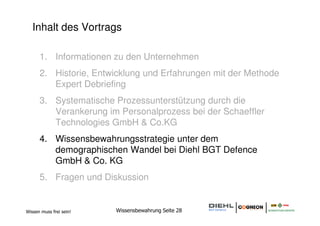 Inhalt des Vortrags

      1. Informationen zu den Unternehmen
      2. Historie, Entwicklung und Erfahrungen mit der Methode
         Expert Debriefing
      3. Systematische Prozessunterstützung durch die
         Verankerung im Personalprozess bei der Schaeffler
         Technologies GmbH & Co.KG
      4. Wissensbewahrungsstrategie unter dem
         demographischen Wandel bei Diehl BGT Defence
         GmbH & Co. KG
      5. Fragen und Diskussion


Wissen muss frei sein!   Wissensbewahrung Seite 28
 