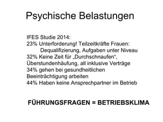 Psychische Belastungen 
IFES Studie 2014: 
23% Unterforderung! Teilzeitkräfte Frauen: 
Dequalifizierung, Aufgaben unter Niveau 
32% Keine Zeit für „Durchschnaufen“, 
Überstundenhäufung, all inklusive Verträge 
34% gehen bei gesundheitlichen 
Beeinträchtigung arbeiten 
44% Haben keine Ansprechpartner im Betrieb 
FÜHRUNGSFRAGEN = BETRIEBSKLIMA 
 