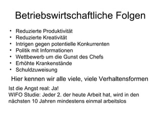 Betriebswirtschaftliche Folgen 
• Reduzierte Produktivität 
• Reduzierte Kreativität 
• Intrigen gegen potentielle Konkurrenten 
• Politik mit Informationen 
• Wettbewerb um die Gunst des Chefs 
• Erhöhte Krankenstände 
• Schuldzuweisung 
Hier kennen wir alle viele, viele Verhaltensformen 
Ist die Angst real: Ja! 
WIFO Studie: Jeder 2. der heute Arbeit hat, wird in den 
nächsten 10 Jahren mindestens einmal arbeitslos 
 