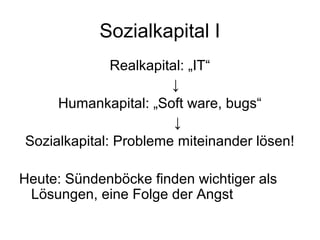 Sozialkapital I 
Realkapital: „IT“ 
↓ 
Humankapital: „Soft ware, bugs“ 
↓ 
Sozialkapital: Probleme miteinander lösen! 
Heute: Sündenböcke finden wichtiger als 
Lösungen, eine Folge der Angst 
 