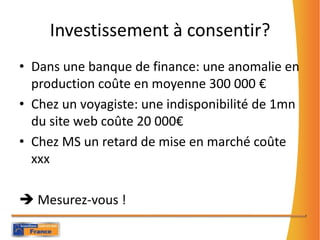 Investissement à consentir?Dans une banque de finance: une anomalie en production coûte en moyenne 300 000 €Chez un voyagiste: une indisponibilité de 1mn du site web coûte 20 000€Chez MS un retard de mise en marché coûte xxx Mesurez-vous !
