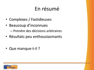 En résuméComplexes / FastidieusesBeaucoup d’inconnuesPrendre des décisionsarbitrairesRésultatspeuenthousiasmantsQuemanque-t-il ?