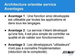 ● Avantage 1 : Une fonction ainsi développée
est utilisable par toutes les applications et
dans tous les langages.
● Avantage 2 : Le service n'étant développé
qu'une fois, il est plus simple de contrôler sa
qualité et de valider son fonctionnement.
● Avantage 3 : Les développeurs "utilisateurs"
n'ont pas à connaître l'implémentation
(réduction de la complexité).
Architecture orientée service
Avantages
 
