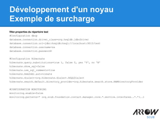 Développement d'un noyau
Exemple de surcharge
filter.properties du répertoire test
#Configuration dbcp
database.connection.driver_class=org.hsqldb.jdbcDriver
database.connection.url=jdbc:hsqldb:hsql://localhost:9015/test
database.connection.username=sa
database.connection.password=
#Configuration Hibernate
hibernate.query.substitutions=true 1, false 0, yes 'Y', no 'N'
hibernate.show_sql=false
hibernate.use_sql_comments=true
hibernate.hbm2ddl.auto=create
hibernate.dialect=org.hibernate.dialect.HSQLDialect
hibernate.search.default.directory_provider=org.hibernate.search.store.RAMDirectoryProvider
#CONFIGURATION MONITORING
monitoring.enable=false
monitoring.patterns=* org.scub.foundation.contact.manager.core.*.service.interfaces..*.*(..)
 