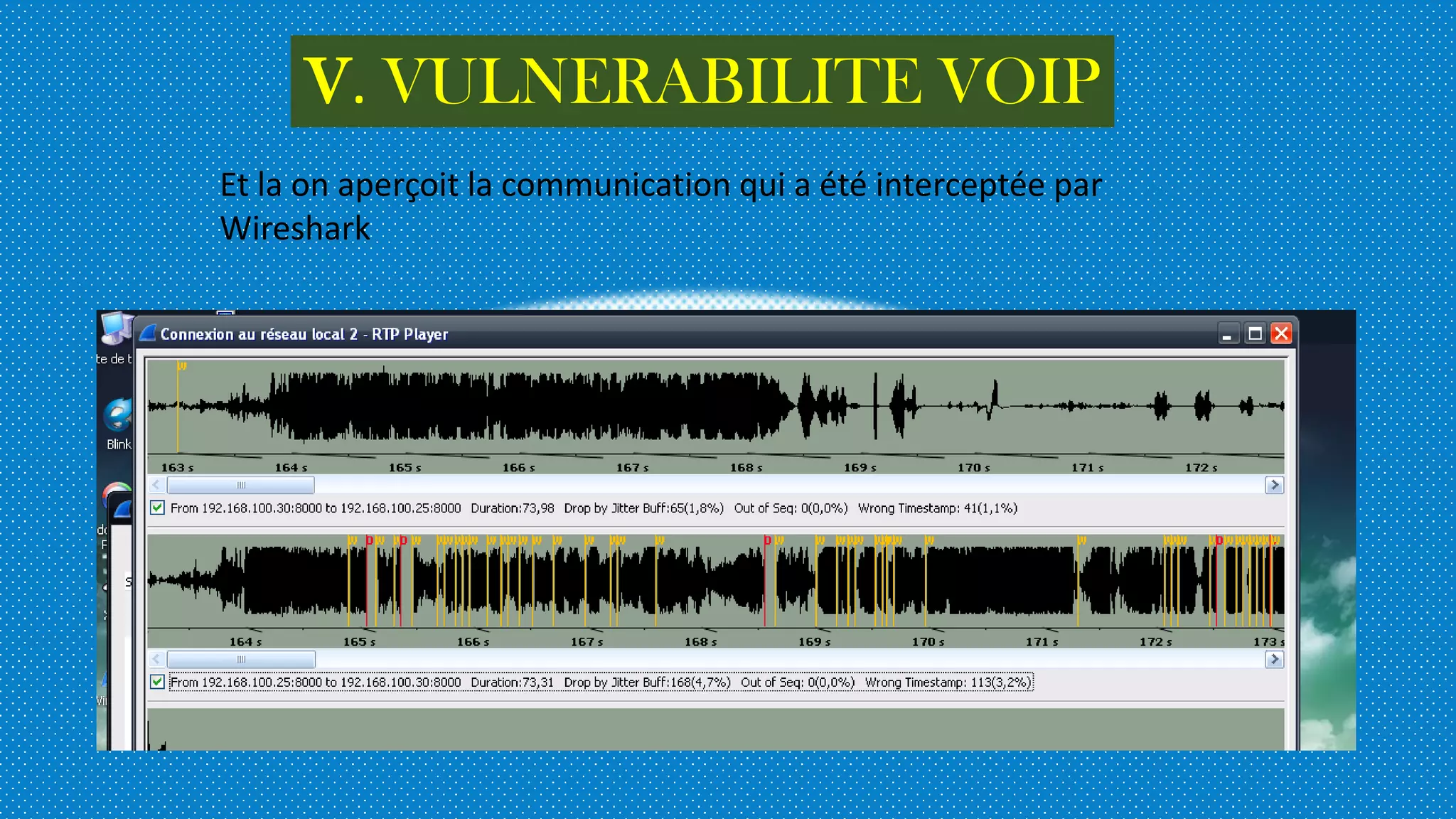 V. VULNERABILITE VOIP
Et la on aperçoit la communication qui a été interceptée par
Wireshark
 