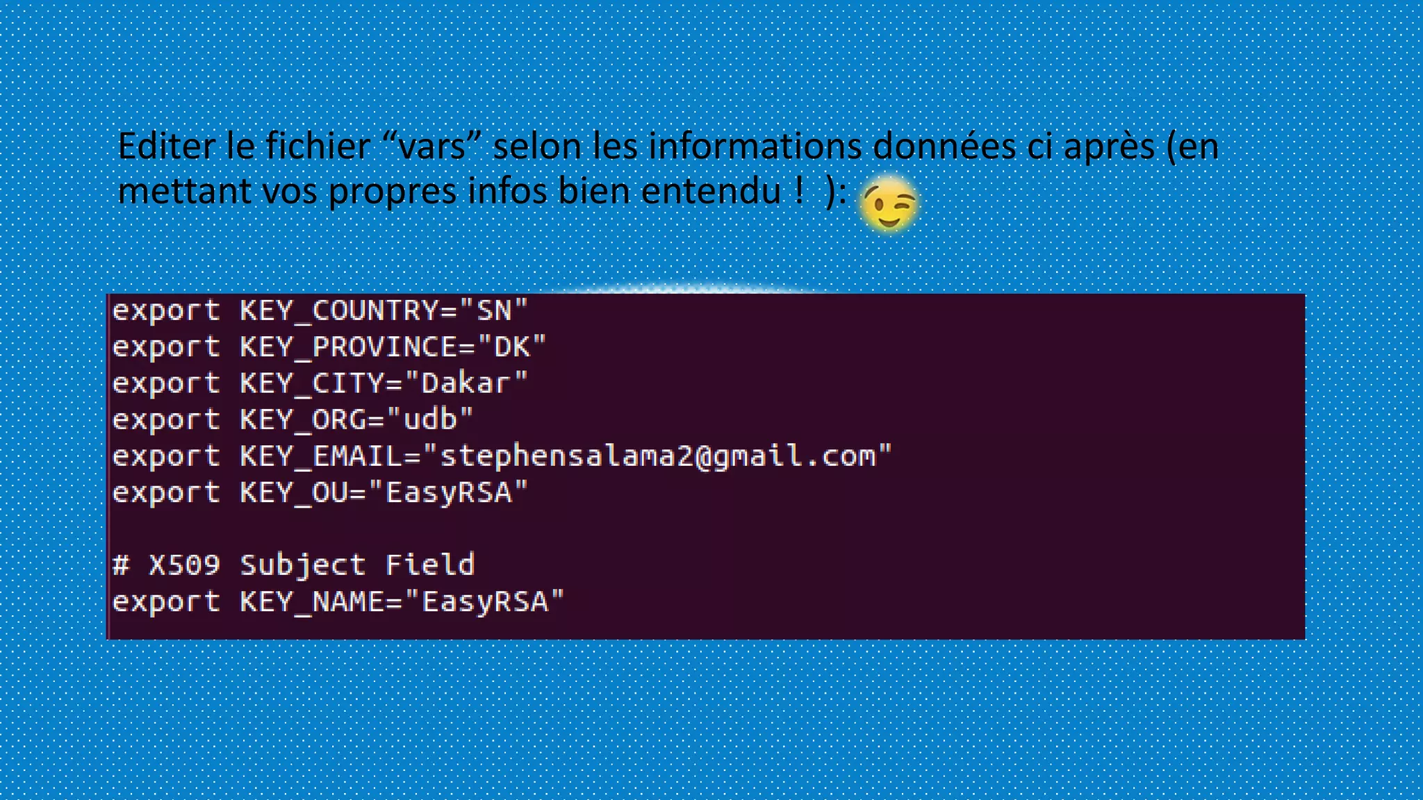 Editer le fichier “vars” selon les informations données ci après (en
mettant vos propres infos bien entendu ! ):
 