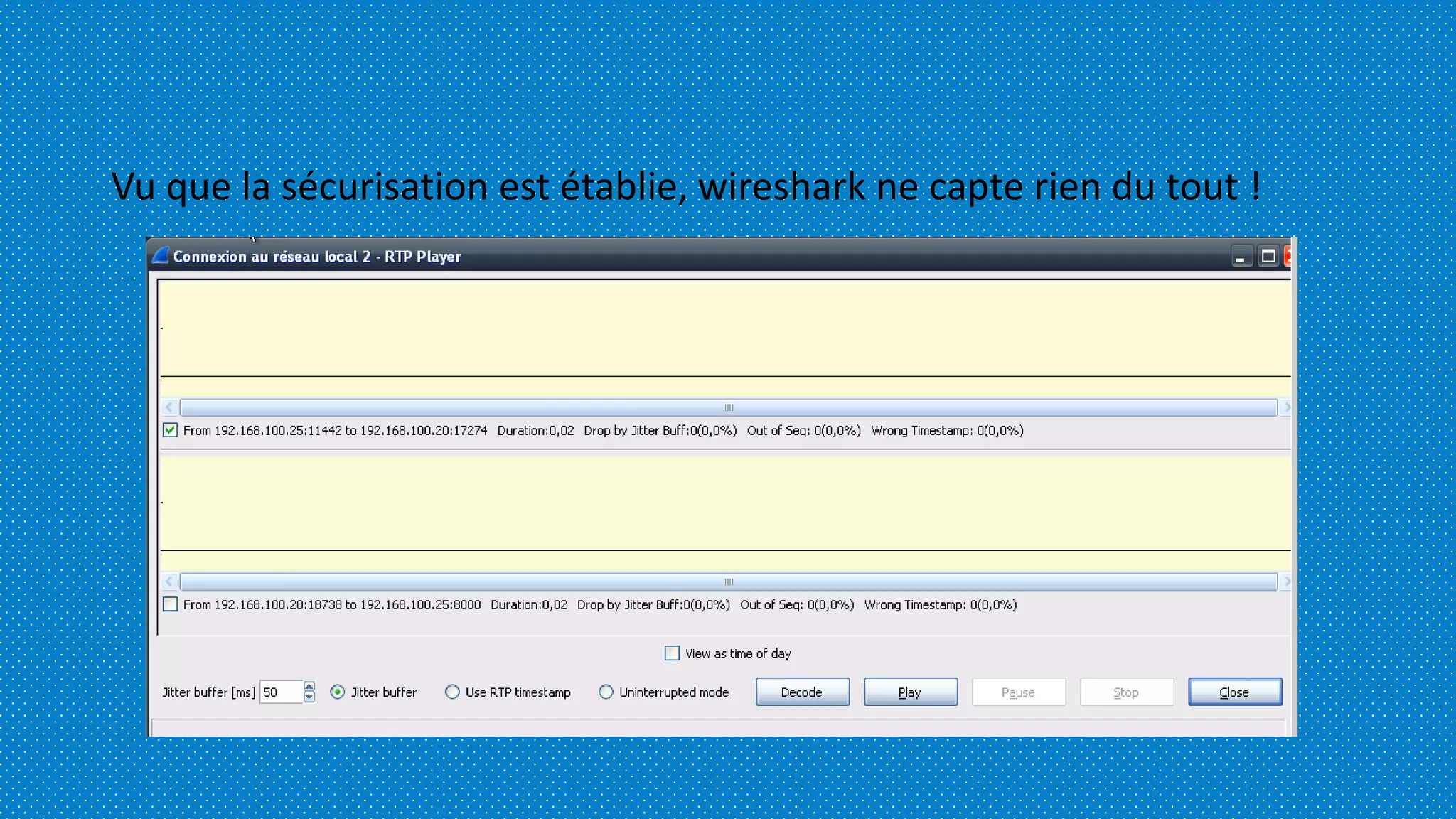 Vu que la sécurisation est établie, wireshark ne capte rien du tout !
 