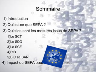 Sommaire
1) Introduction
2) Qu'est-ce que SEPA ?
3) Qu'elles sont les mesures issus de SEPA ?
1)Le SCT
2)Le SDD
3)Le SCF
4)RIB
5)BIC et IBAN

4) Impact du SEPA pour les entreprises

 