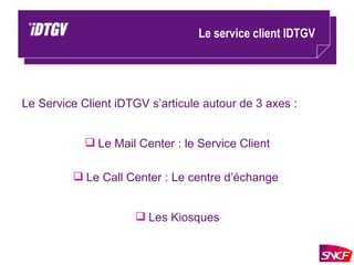 Le service client IDTGV Le Service Client iDTGV s’articule autour de 3 axes : Le Mail Center : le Service Client Le Call Center : Le centre d’échange  Les Kiosques 