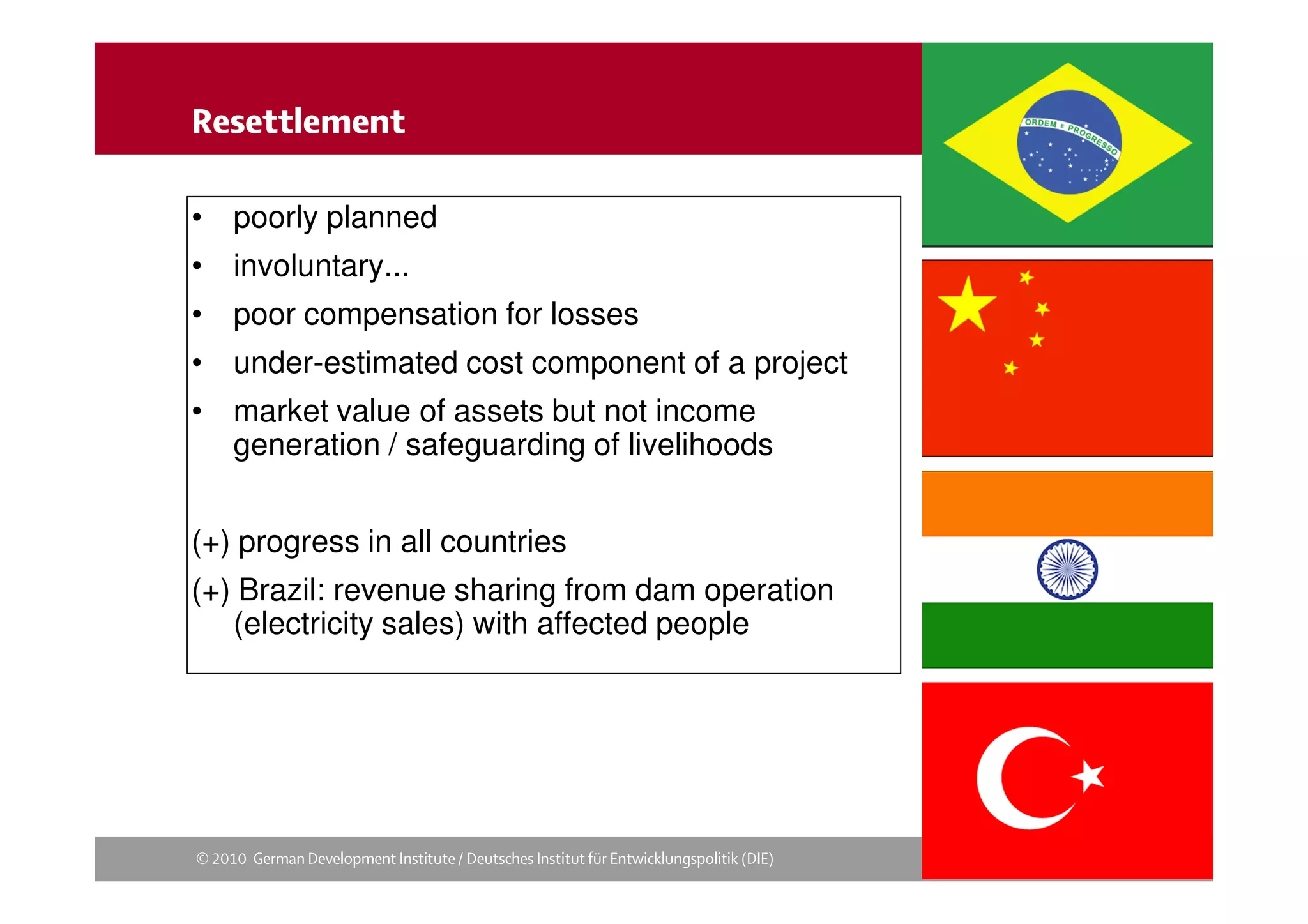 

• poorly planned
• involuntary...
• poor compensation for losses
• under-estimated cost component of a project
• market value of assets but not income
  generation / safeguarding of livelihoods


(+) progress in all countries
(+) Brazil: revenue sharing from dam operation
   (electricity sales) with affected people




   
 