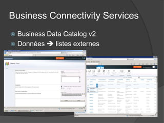 Business Connectivity Services
 Business Data Catalog v2
 Données  listes externes
 