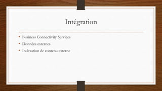 Intégration
• Business Connectivity Services
• Données externes
• Indexation de contenu externe
 