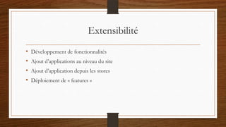 Extensibilité
• Développement de fonctionnalités
• Ajout d’applications au niveau du site
• Ajout d’application depuis les stores
• Déploiement de « features »
 