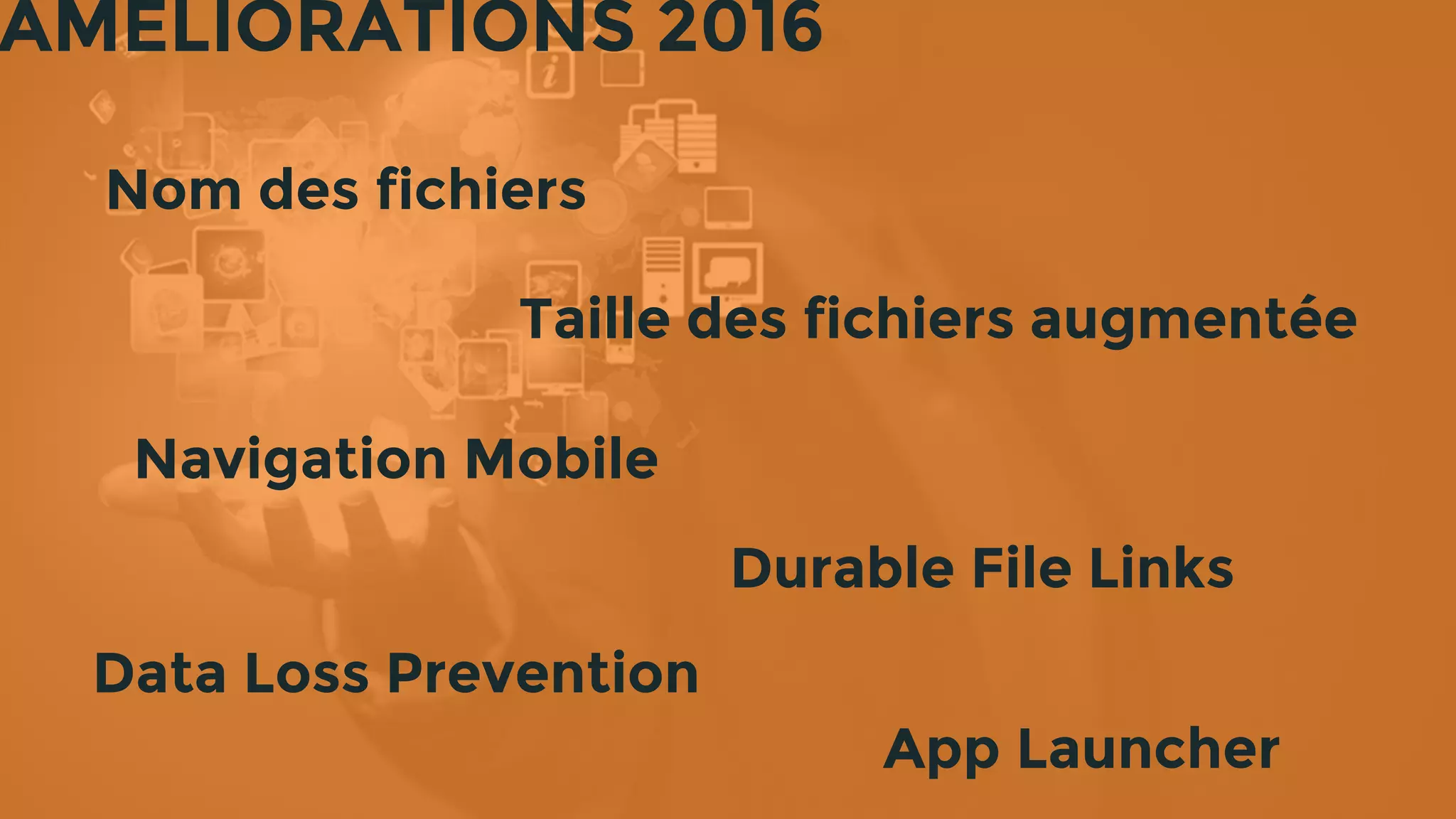 AMELIORATIONS 2016
Nom des fichiers
Taille des fichiers augmentée
App Launcher
Navigation Mobile
Durable File Links
Data Loss Prevention
 