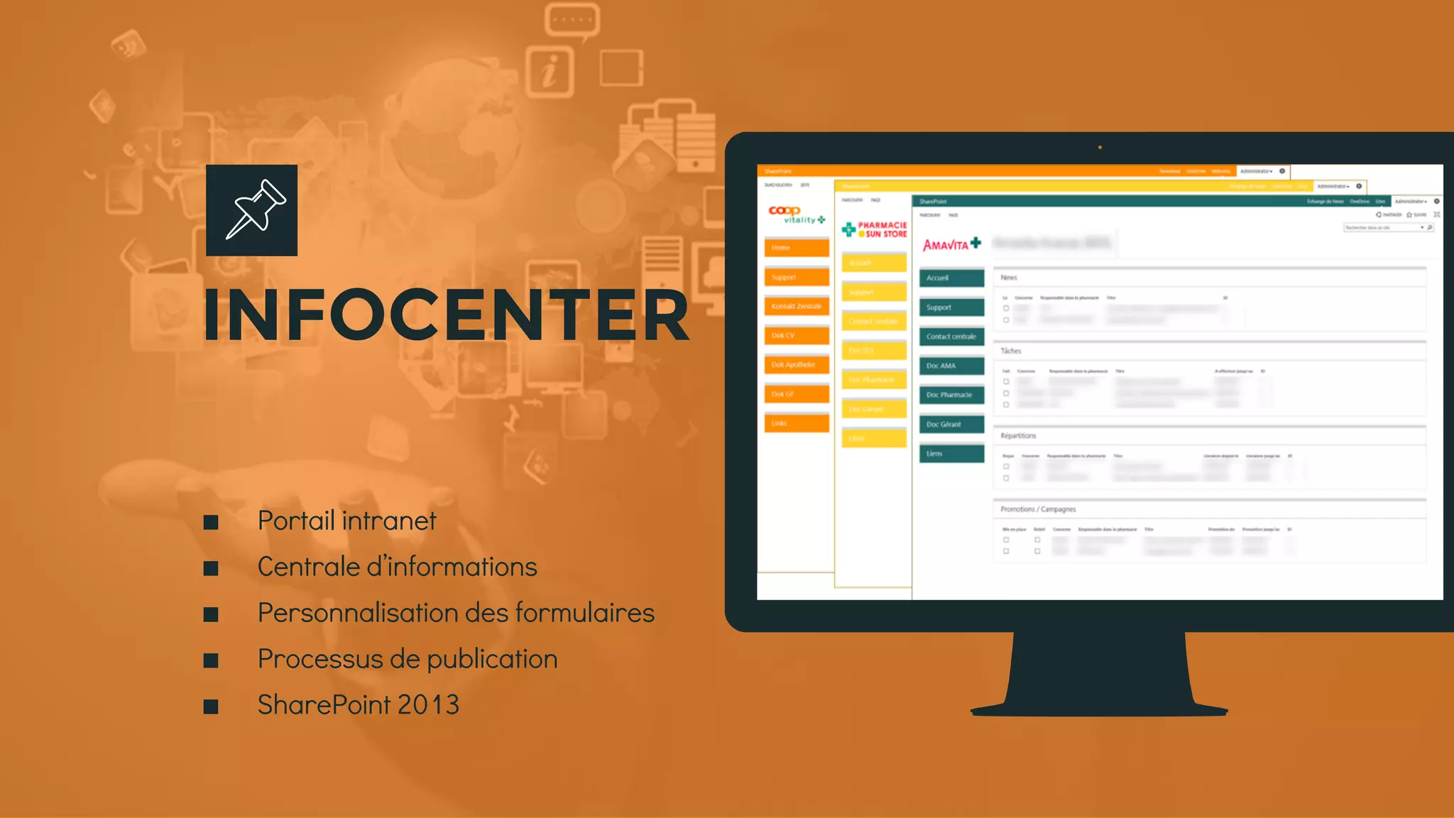 Place your screenshot here
∎ Portail intranet
∎ Centrale d’informations
∎ Personnalisation des formulaires
∎ Processus de publication
∎ SharePoint 2013
INFOCENTER
 