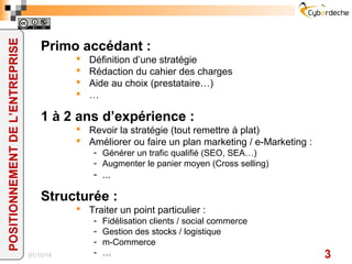 Primo accédant :
§  Définition d’une stratégie
§  Rédaction du cahier des charges
§  Aide au choix (prestataire…)
§  …
1 à 2 ans d’expérience :
§  Revoir la stratégie (tout remettre à plat)
§  Améliorer ou faire un plan marketing / e-Marketing :
-  Générer un trafic qualifié (SEO, SEA…)
-  Augmenter le panier moyen (Cross selling)
-  ...
Structurée :
§  Traiter un point particulier :
-  Fidélisation clients / social commerce
-  Gestion des stocks / logistique
-  m-Commerce
-  …15/02/17 3
POSITIONNEMENTDEL’ENTREPRISE
 