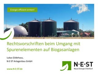 Energie effizient ernten!

Rechtsvorschriften beim Umgang mit
Spurenelementen auf Biogasanlagen
Lukas Gildehaus,
N∙E∙ST Anlagenbau GmbH

www.N-E-ST.de

 