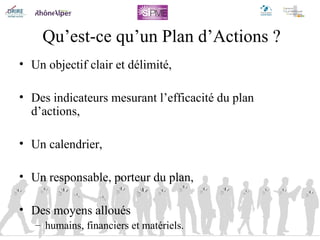 Un objectif clair et délimité, Des indicateurs mesurant l’efficacité du plan d’actions, Un calendrier, Un responsable, porteur du plan, Des moyens alloués humains, financiers et matériels. Qu’est-ce qu’un Plan d’Actions ? 