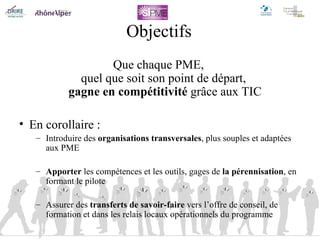 Objectifs Que chaque PME,  quel que soit son point de départ,  gagne en compétitivité  grâce aux TIC En corollaire : Introduire des  organisations transversales , plus souples et adaptées aux PME Apporter  les compétences et les outils, gages de  la pérennisation , en formant le pilote Assurer des  transferts de savoir-faire  vers l’offre de conseil, de formation et dans les relais locaux opérationnels du programme 