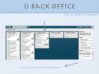 1) Back Ofﬁce
                                                                 Trello para planiﬁcar la informacion




https://trello.com/board/articles-e2c/4e9fe23c858177d20e0dabd8
 