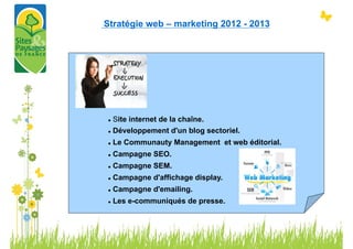 Stratégie web – marketing 2012 - 2013




l  Site internet de la chaîne.
l  Développement d'un blog sectoriel.


l    Le Communauty Management et web éditorial.
l    Campagne SEO.
l    Campagne SEM.
l    Campagne d'affichage display.
l    Campagne d'emailing.
l    Les e-communiqués de presse.
 