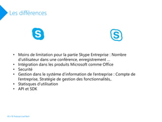 HS n°8 Podcast LiveTile.fr
Les différences
• Moins de limitation pour la partie Skype Entreprise : Nombre
d’utilisateur dans une conférence, enregistrement …
• Intégration dans les produits Microsoft comme Office
• Securité
• Gestion dans le système d’information de l’entreprise : Compte de
l’entreprise, Stratégie de gestion des fonctionnalités,.
• Statisques d’utilisation
• API et SDK
 