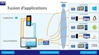 www.usidistrib.com
Fusion d’applications
mardi 17 novembre 2015
2 applications
1
2 jeux d’interfaces
1 jeu d’interfaces
Internet
2
1 jeu d’interfaces
1 jeu d’interfaces
1 jeu d’interfaces
1 jeu d’interfaces
Jeremie.Melchior@usidistrib.com
 
