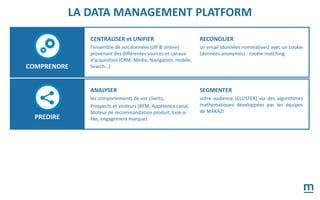 CENTRALISER et UNIFIER
l’ensemble de vos données (off & online)
provenant des différentes sources et canaux
d’acquisition (CRM, Media, Navigation, mobile,
Search…)
RECONCILIER
un email (données nominatives) avec un cookie
(données anonymes) : cookie matching
LA DATA MANAGEMENT PLATFORM
COMPRENDRE
ANALYSER
les comportements de vos clients,
Prospects et visiteurs (RFM, Appétence canal,
Moteur de recommandation produit, look-a-
like, engagement marque)
SEGMENTER
votre audience (CLUSTER) via des algorithmes
mathématiques développées par les équipes
de MAKAZI
PREDIRE
 