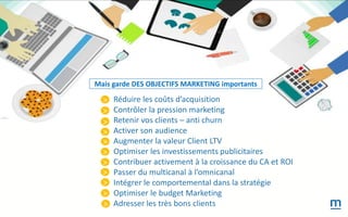 Mais garde DES OBJECTIFS MARKETING importants
Réduire les coûts d’acquisition
Contrôler la pression marketing
Retenir vos clients – anti churn
Activer son audience
Augmenter la valeur Client LTV
Optimiser les investissements publicitaires
Contribuer activement à la croissance du CA et ROI
Passer du multicanal à l’omnicanal
Intégrer le comportemental dans la stratégie
Optimiser le budget Marketing
Adresser les très bons clients
>
>
>
>
>
>
>
>
>
>
>
 