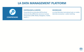 CENTRALISER et UNIFIER
l’ensemble de vos données (off & online)
provenant des différentes sources et canaux
d’acquisition (CRM, Media, Navigation, mobile,
Search…)
RECONCILIER
un email (données nominatives) avec un cookie
(données anonymes) : cookie matching
LA DATA MANAGEMENT PLATFORM
COMPRENDRE
 