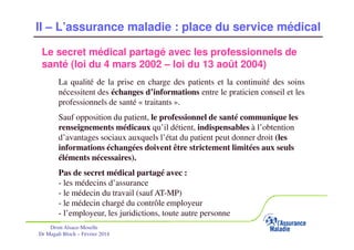 II – L’assurance maladie : place du service médical
Le secret médical partagé avec les professionnels de
santé (loi du 4 mars 2002 – loi du 13 août 2004)
La qualité de la prise en charge des patients et la continuité des soins
nécessitent des échanges d’informations entre le praticien conseil et les
professionnels de santé « traitants ».
Sauf opposition du patient, le professionnel de santé communique les
renseignements médicaux qu’il détient, indispensables à l’obtention
d’avantages sociaux auxquels l’état du patient peut donner droit (les
informations échangées doivent être strictement limitées aux seuls
éléments nécessaires).
Pas de secret médical partagé avec :
- les médecins d’assurance
- le médecin du travail (sauf AT-MP)
- le médecin chargé du contrôle employeur
- l’employeur, les juridictions, toute autre personne
Drsm Alsace-Moselle
Dr Magali Bloch – Février 2014

Service Médical Alsace-Moselle

Janvier 2013

18

 