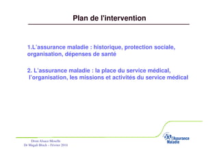 Plan de l'intervention

1.L’assurance maladie : historique, protection sociale,
organisation, dépenses de santé
2. L’assurance maladie : la place du service médical,
l’organisation, les missions et activités du service médical

Drsm Alsace-Moselle
Dr Magali Bloch – Février 2014

Service Médical Alsace-Moselle

Janvier 2013

2

 