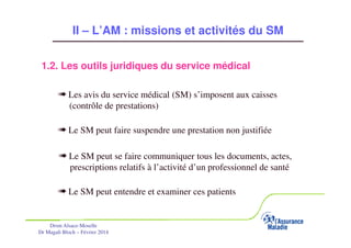 II – L’AM : missions et activités du SM
1.2. Les outils juridiques du service médical
« Les avis du service médical (SM) s’imposent aux caisses
(contrôle de prestations)

« Le SM peut faire suspendre une prestation non justifiée
« Le SM peut se faire communiquer tous les documents, actes,
prescriptions relatifs à l’activité d’un professionnel de santé

« Le SM peut entendre et examiner ces patients
Drsm Alsace-Moselle
Dr Magali Bloch – Février 2014

Service Médical Alsace-Moselle

Janvier 2013

24

 
