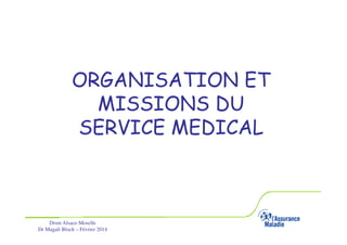 ORGANISATION ET
MISSIONS DU
SERVICE MEDICAL

Drsm Alsace-Moselle
Dr Magali Bloch – Février 2014

Service Médical Alsace-Moselle

Janvier 2013

 