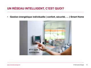 © Romande Energiewww.romande-energie.ch
UN RÉSEAU INTELLIGENT, C’EST QUOI?
14
• Gestion énergétique individuelle ( confort, sécurité, … ) Smart Home
4ème type d’objets
connectés
 
