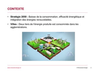 © Romande Energiewww.romande-energie.ch
CONTEXTE
2
• Stratégie 2050 : Baisse de la consommation, efficacité énergétique et
intégration des énergies renouvelables.
• Villes : Deux tiers de l’énergie produite est consommée dans les
agglomérations.
 