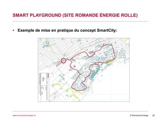 © Romande Energiewww.romande-energie.ch
SMART PLAYGROUND (SITE ROMANDE ÉNERGIE ROLLE)
20
• Exemple de mise en pratique du concept SmartCity:
 