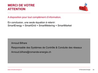 © Romande Energiewww.romande-energie.ch
MERCI DE VOTRE
ATTENTION
A disposition pour tout complément d’information.
Arnoud Bifrare
Responsable des Systèmes de Contrôle & Conduite des réseaux
Arnoud.bifrare@romande-energie.ch
En conclusion, une seule équation à retenir:
SmartEnergy = SmartGrid + SmartMetering + SmartMarket
22
 