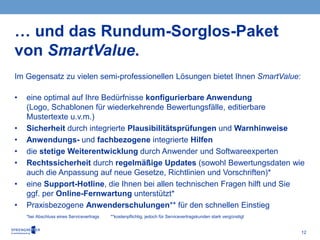 12
Im Gegensatz zu vielen semi-professionellen Lösungen bietet Ihnen SmartValue:
• eine optimal auf Ihre Bedürfnisse konfigurierbare Anwendung
(Logo, Schablonen für wiederkehrende Bewertungsfälle, editierbare
Mustertexte u.v.m.)
• Sicherheit durch integrierte Plausibilitätsprüfungen und Warnhinweise
• Anwendungs- und fachbezogene integrierte Hilfen
• die stetige Weiterentwicklung durch Anwender und Softwareexperten
• Rechtssicherheit durch regelmäßige Updates (sowohl Bewertungsdaten wie
auch die Anpassung auf neue Gesetze, Richtlinien und Vorschriften)*
• eine Support-Hotline, die Ihnen bei allen technischen Fragen hilft und Sie
ggf. per Online-Fernwartung unterstützt*
• Praxisbezogene Anwenderschulungen** für den schnellen Einstieg
*bei Abschluss eines Servicevertrags **kostenpflichtig, jedoch für Servicevertragskunden stark vergünstigt
… und das Rundum-Sorglos-Paket
von SmartValue.
 