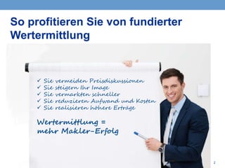 2
So profitieren Sie von fundierter
Wertermittlung
 Sie vermeiden Preisdiskussionen
 Sie steigern Ihr Image
 Sie vermarkten schneller
 Sie reduzieren Aufwand und Kosten
 Sie realisieren höhere Erträge
Wertermittlung =
mehr Makler-Erfolg
 