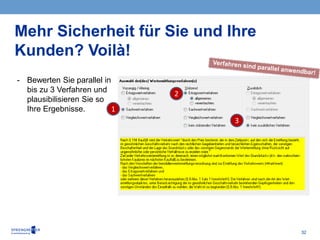 32
Mehr Sicherheit für Sie und Ihre
Kunden? Voilà!
- Bewerten Sie parallel in
bis zu 3 Verfahren und
plausibilisieren Sie so
Ihre Ergebnisse. 1
2
3
 