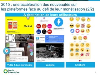 2015 : une accélération des nouveautés sur
les plateformes face au défi de leur monétisation (2/2)
6
A destination de leurs utilisateurs
Vidéo & Live sur mobile Contenu Emotions
 