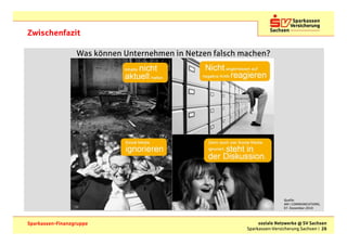 Zwischenfazit

                  Was können Unternehmen in Netzen falsch machen?




                                                                           Quelle:
                                                                           AM | COMMUNICATIONS,
                                                                           07. Dezember 2010



Sparkassen-Finanzgruppe                                         soziale Netzwerke @ SV Sachsen
                                                           Sparkassen-Versicherung Sachsen | 26
 
