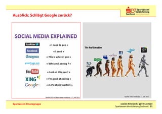 Ausblick: Schlägt Google zurück?




                          Quelle:SVS auf Basis www.media.de – 17.Juli 2011           Quelle: www.media.de, 17.Juli 2011



Sparkassen-Finanzgruppe                                                           soziale Netzwerke @ SV Sachsen
                                                                             Sparkassen-Versicherung Sachsen | 31
 