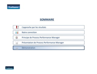 SOMMAIRE
L’approche par les résultatsL’approche par les résultats
Notre convictionNotre conviction
Principe de Process Performance ManagerPrincipe de Process Performance Manager
Démonstration
Présentation de Process Performance ManagerPrésentation de Process Performance Manager
 