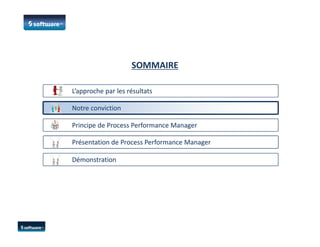 SOMMAIRE
L’approche par les résultatsL’approche par les résultats
Notre conviction
Principe de Process Performance ManagerPrincipe de Process Performance Manager
DémonstrationDémonstration
Présentation de Process Performance ManagerPrésentation de Process Performance Manager
 