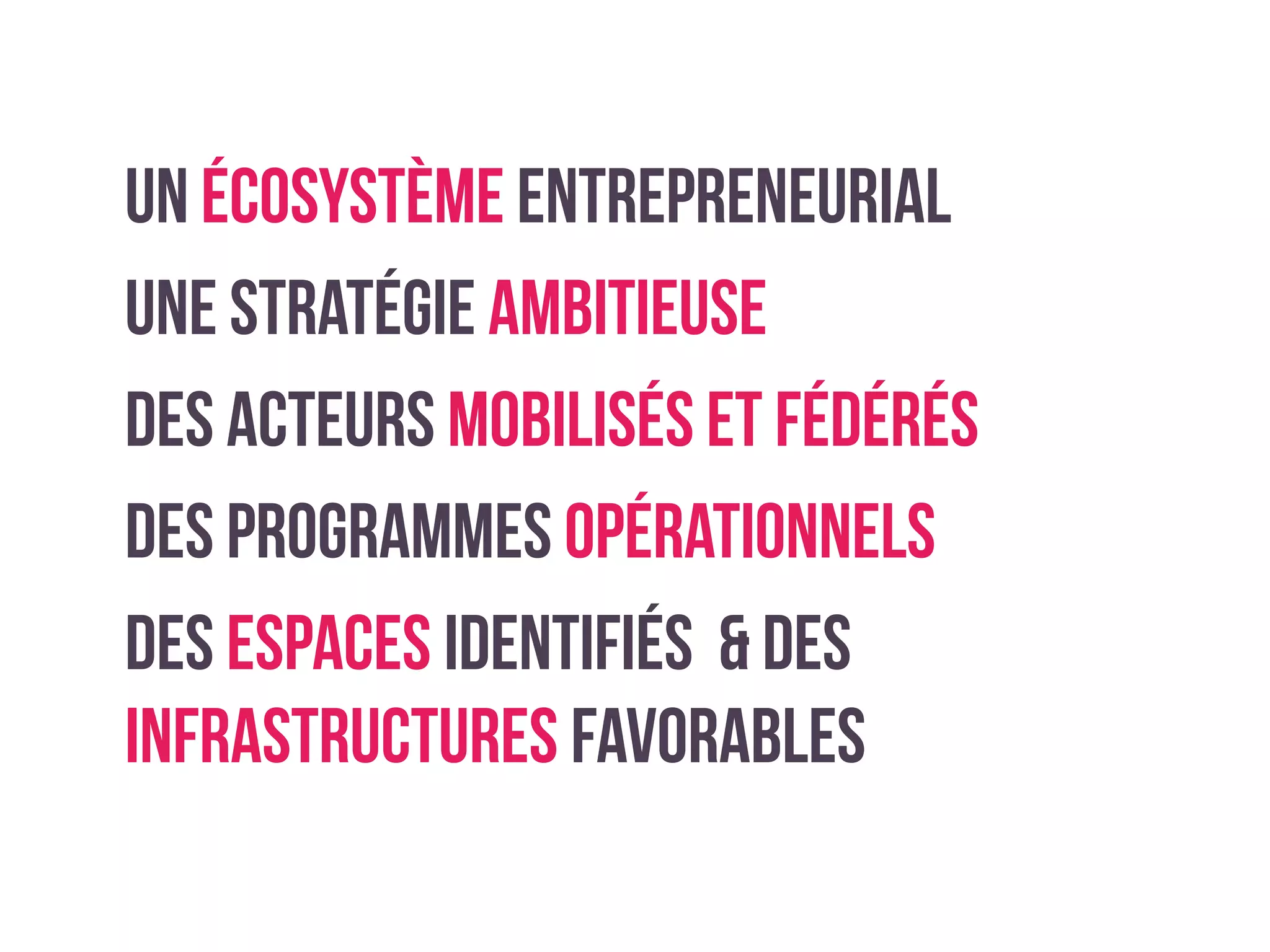 un écosystème entrepreneurial
une stratégie ambitieuse
des acteurs mobilisés et fédérés
des programmes opérationnels
des espaces identifiés & des
infrastructures favorables