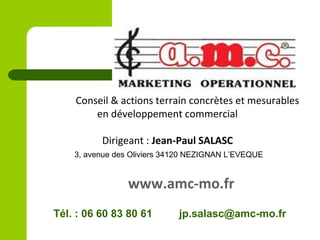                 
                Conseil & actions terrain concrètes et mesurables 
en développement commercial
    
Dirigeant : Jean-Paul SALASC
 3, avenue des Oliviers 34120 NEZIGNAN L’EVEQUE
                            www.amc-mo.fr
Tél. : 06 60 83 80 61 jp.salasc@amc-mo.fr
 