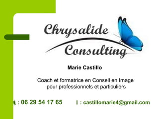 Marie Castillo
Coach et formatrice en Conseil en Image
pour professionnels et particuliers
: 06 29 54 17 65  : castillom...